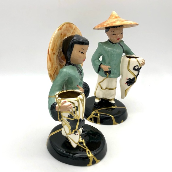 Vilas Asian Statuette Pair Kintsugi Repaired Gold Crack Art Growth Gift MCM - Picture 6 of 16
